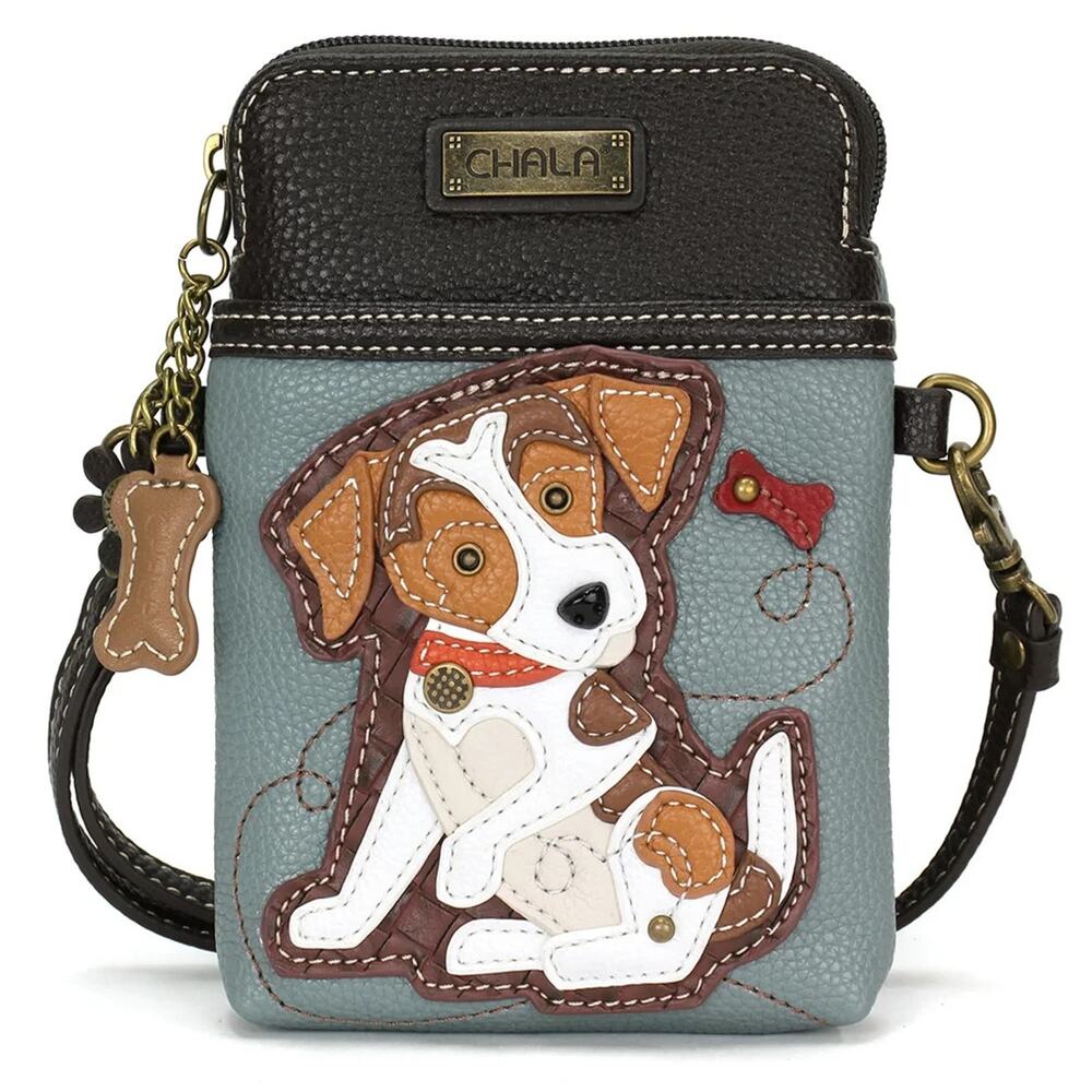 Chala Faux Leather Cellphone Crossbody Purse - Jack Russell, Blue Gray NWT